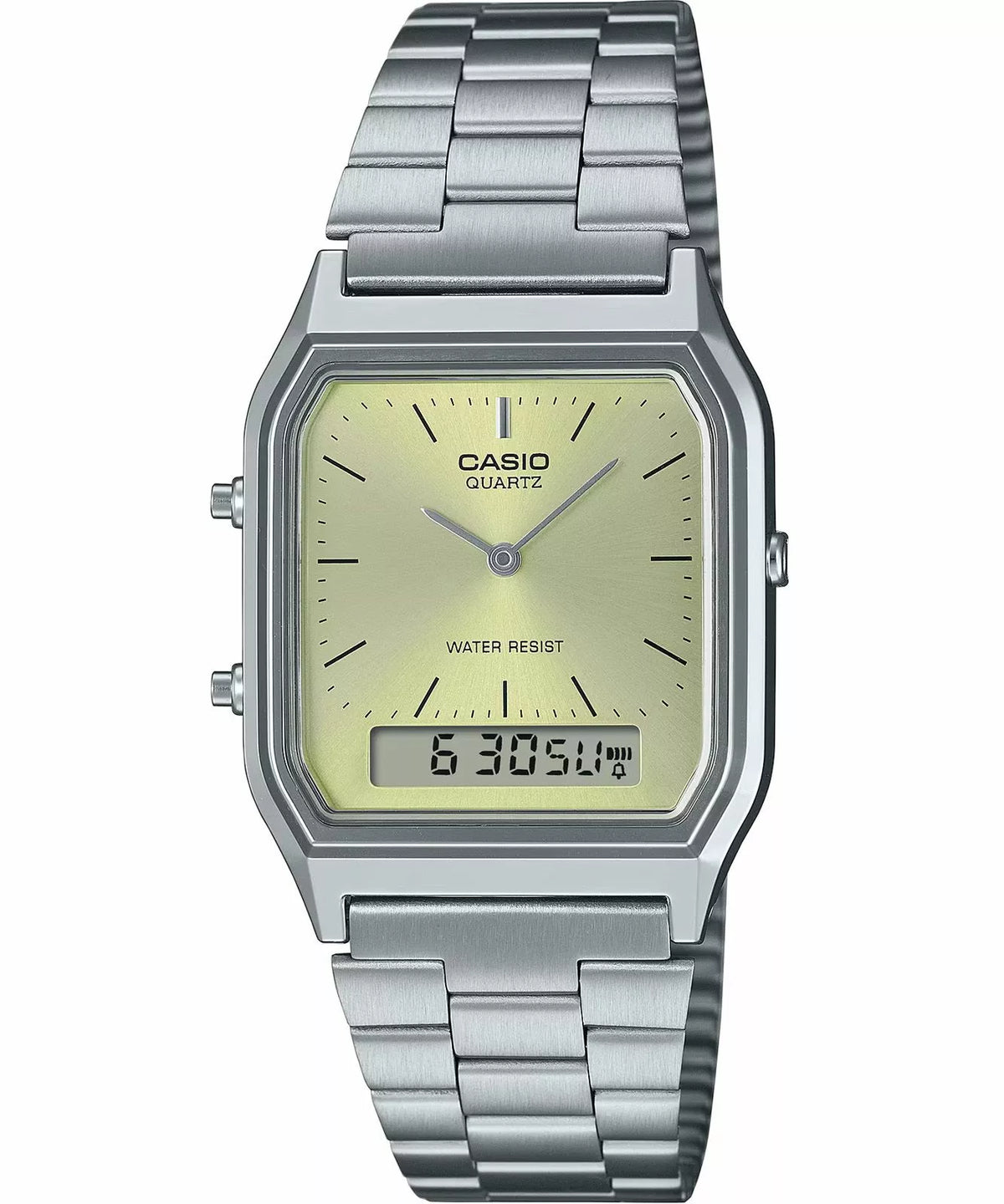 Casio Vintage AQ-230A-9A — Reloj Analógico-Digital con Esfera Dorada y Pulsera de Acero, elegante y original.