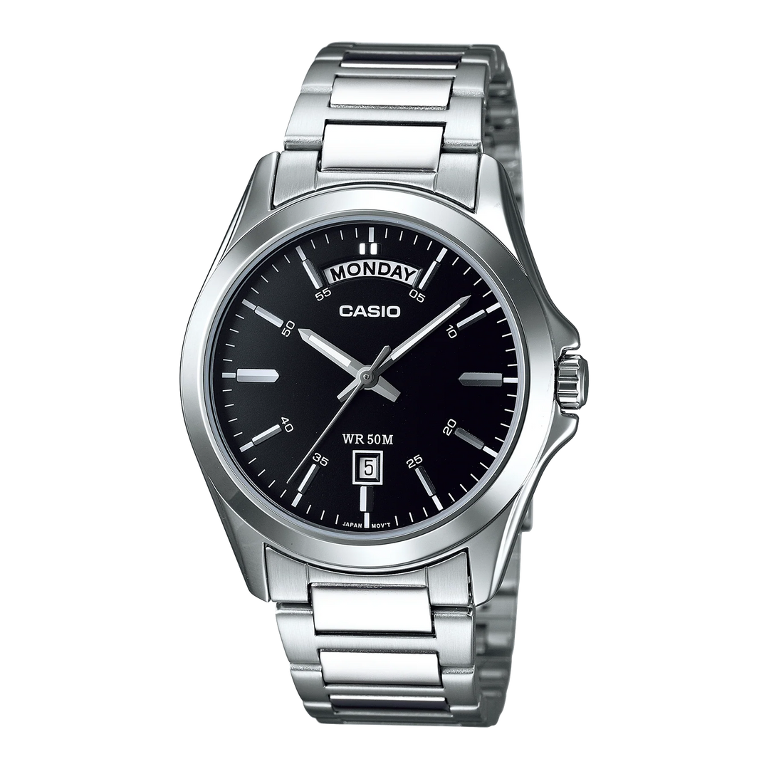 Reloj Casio MTP-1370D-1A original con carátula negra y brazalete de acero inoxidable.