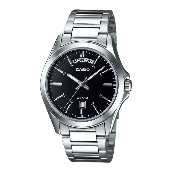 Reloj Casio MTP-1370D-1A original con carátula negra y brazalete de acero inoxidable.