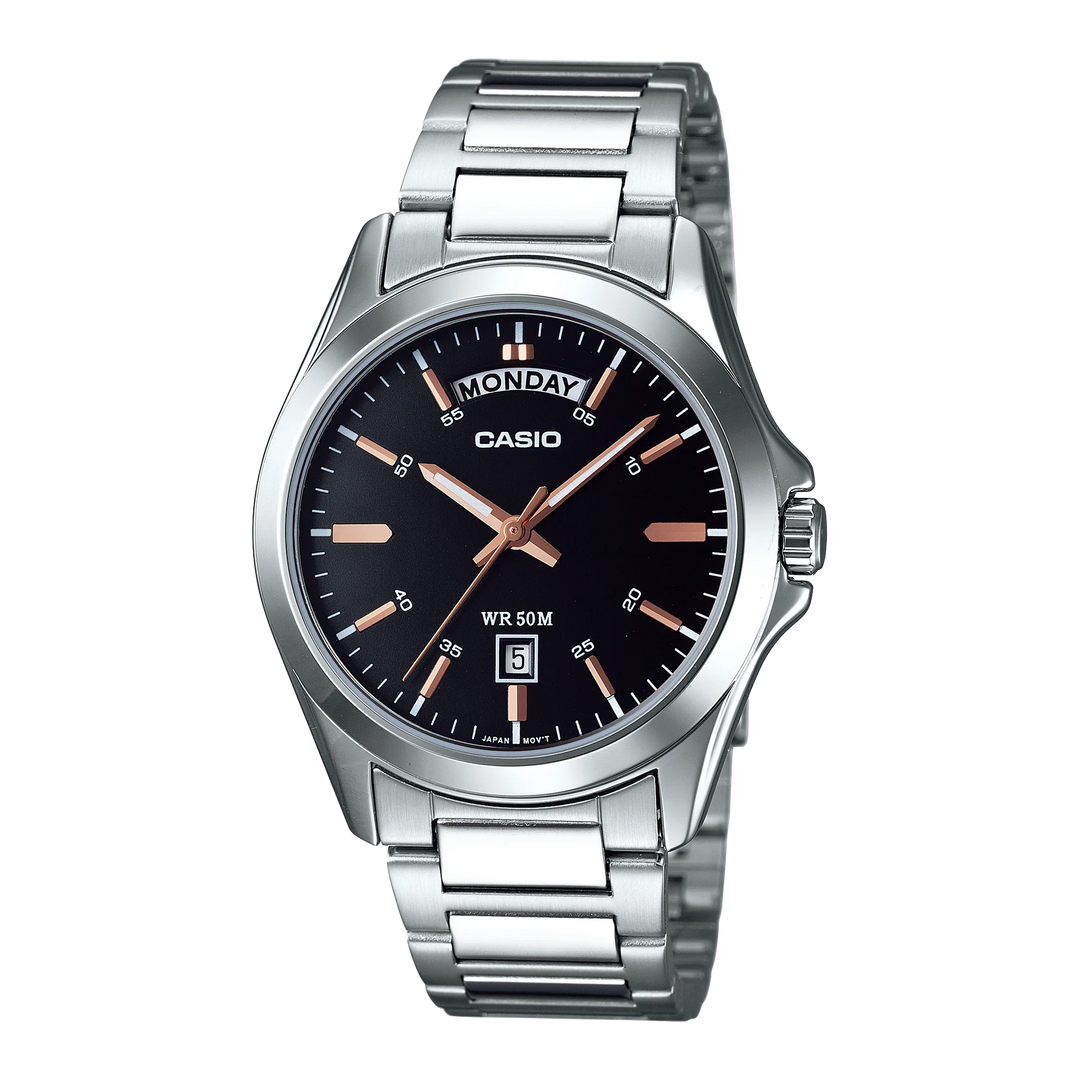 Reloj Casio MTP-1370G-1AV original dorado con carátula negra y calendario.