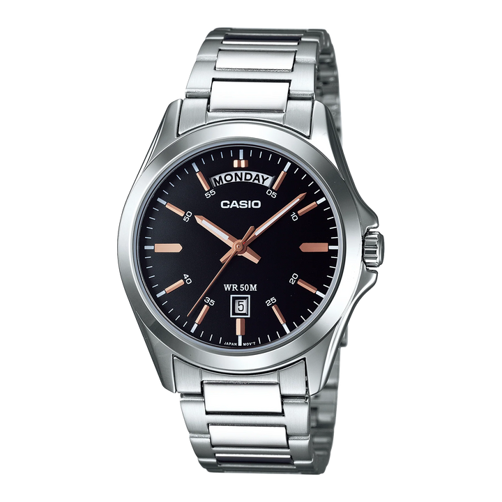 Reloj Casio MTP-1370G-1AV original dorado con carátula negra y calendario.