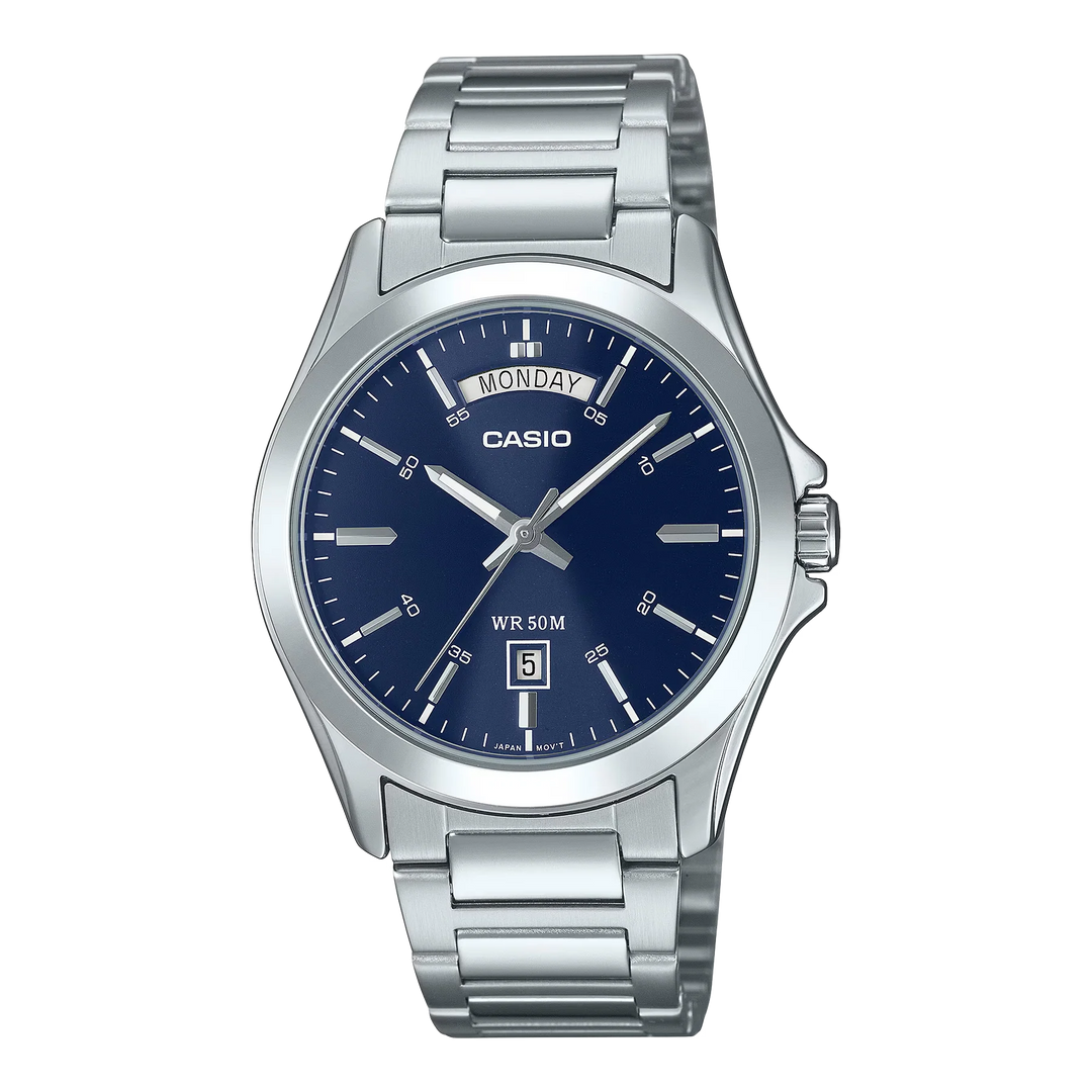 Reloj Casio MTP-1370D-2A2V original con carátula azul y brazalete de acero inoxidable.