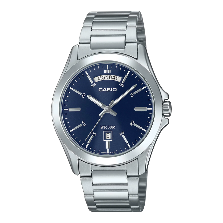 Reloj Casio MTP-1370D-2A2V original con carátula azul y brazalete de acero inoxidable.