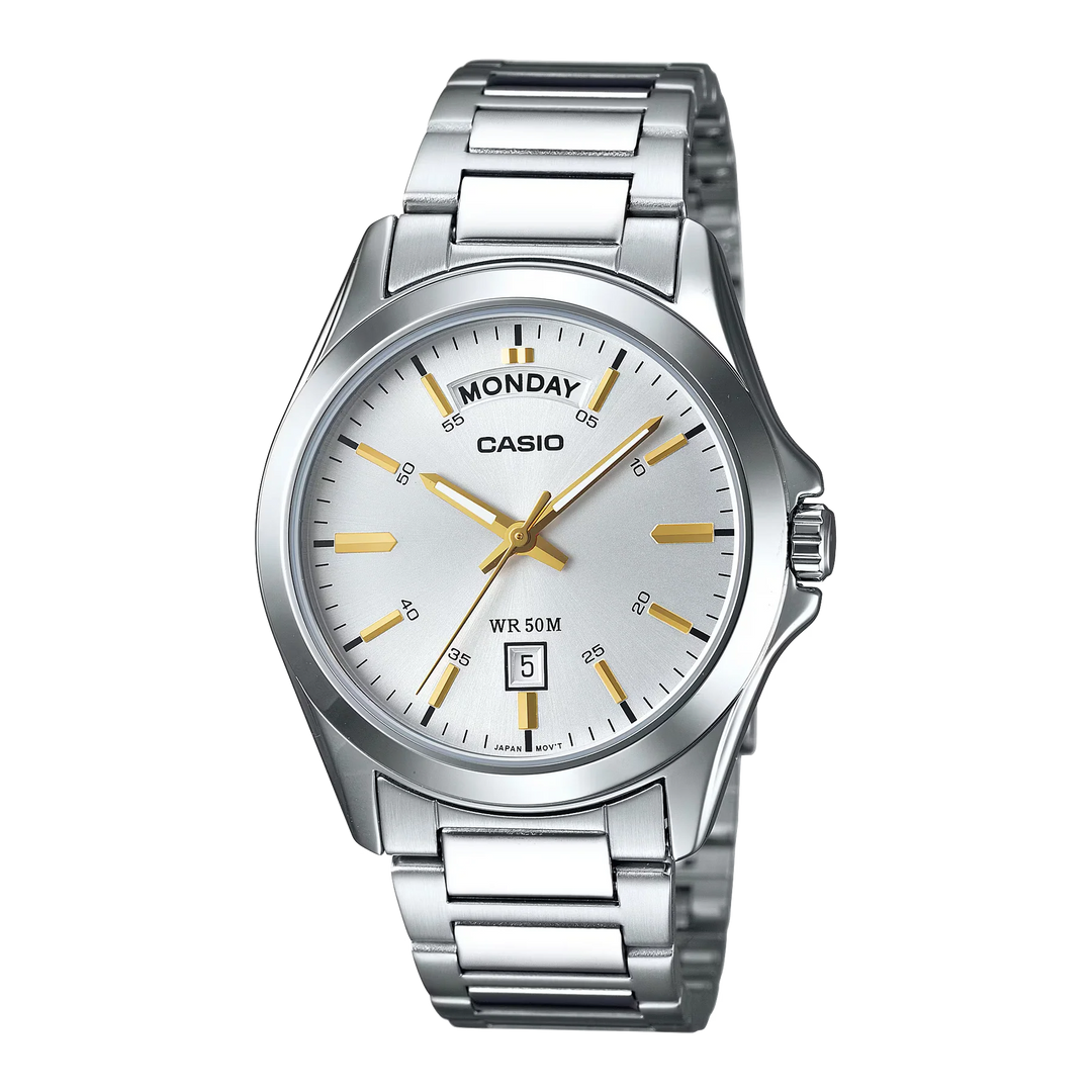 Reloj Casio MTP-1370D-7A2V original con carátula blanca, detalles dorados y brazalete de acero inoxidable.