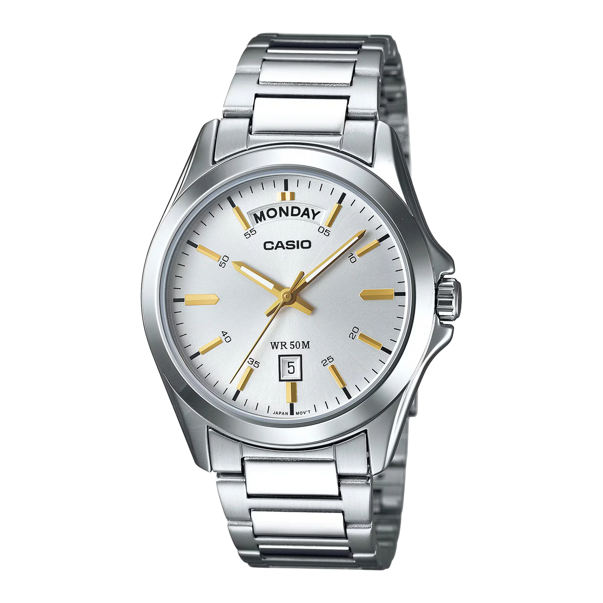 Reloj Casio MTP-1370D-7A2V original con carátula blanca, detalles dorados y brazalete de acero inoxidable.