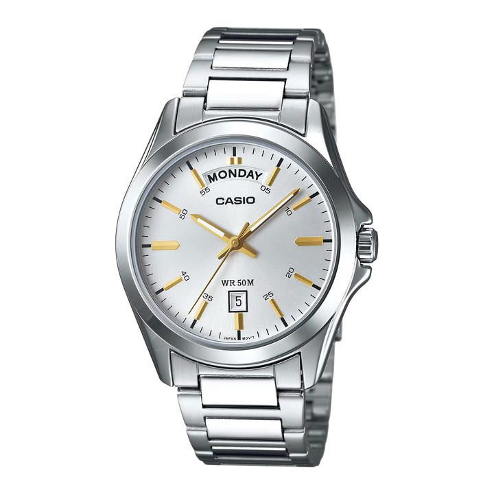 Reloj Casio MTP-1370D-7A2V original con carátula blanca, detalles dorados y brazalete de acero inoxidable.