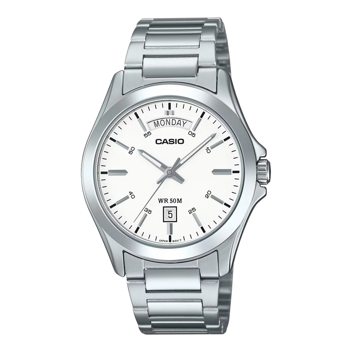 Reloj Casio MTP-1370D-7A1V original con carátula blanca y brazalete de acero inoxidable.