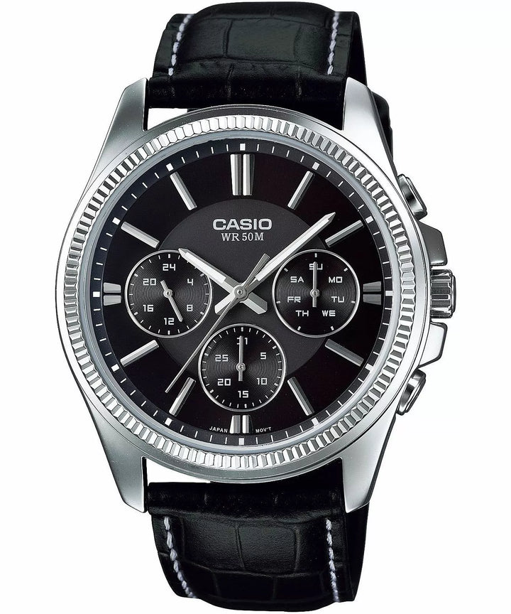 Reloj Casio Hombre MTP-1375L-1A — Multifunción Analógico con Correa de Cuero Negro
