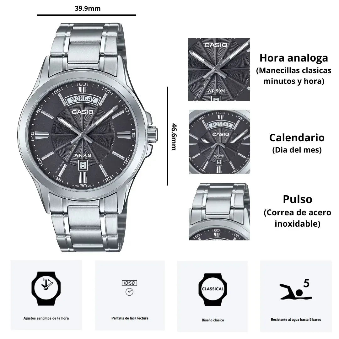 Vista lateral reloj Casio MTP-1381D-8AV esfera azul brazalete acero plateado hombre original Perú