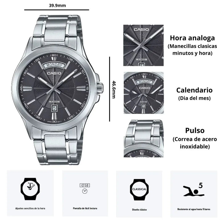 Vista lateral reloj Casio MTP-1381D-8AV esfera azul brazalete acero plateado hombre original Perú