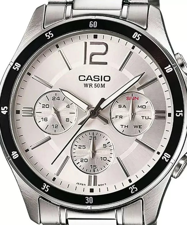 Reloj Casio Hombre MTP-1374PD-7A — Multifunción Analógico Correa Acero Blanco