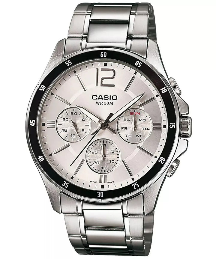 Reloj Casio Hombre MTP-1374PD-7A — Multifunción Analógico Correa Acero Blanco