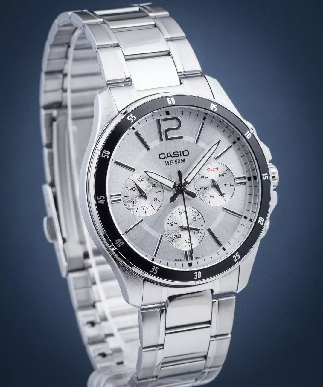 Reloj Casio Hombre MTP-1374PD-7A — Multifunción Analógico Correa Acero Blanco