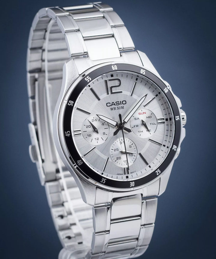 Reloj Casio Hombre MTP-1374PD-7A — Multifunción Analógico Correa Acero Blanco