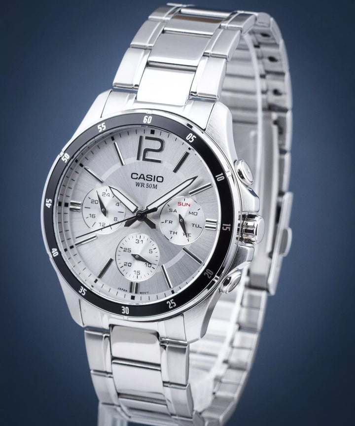 Reloj Casio Hombre MTP-1374PD-7A — Multifunción Analógico Correa Acero Blanco