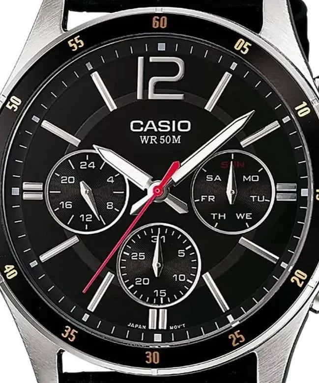 Reloj Casio Hombre MTP-1374PL-1A — Multifunción Analógico Cuero Negro con Detalles Dorados