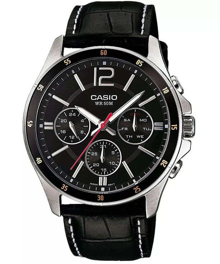Reloj Casio Hombre MTP-1374PL-1A — Multifunción Analógico Cuero Negro con Detalles Dorados