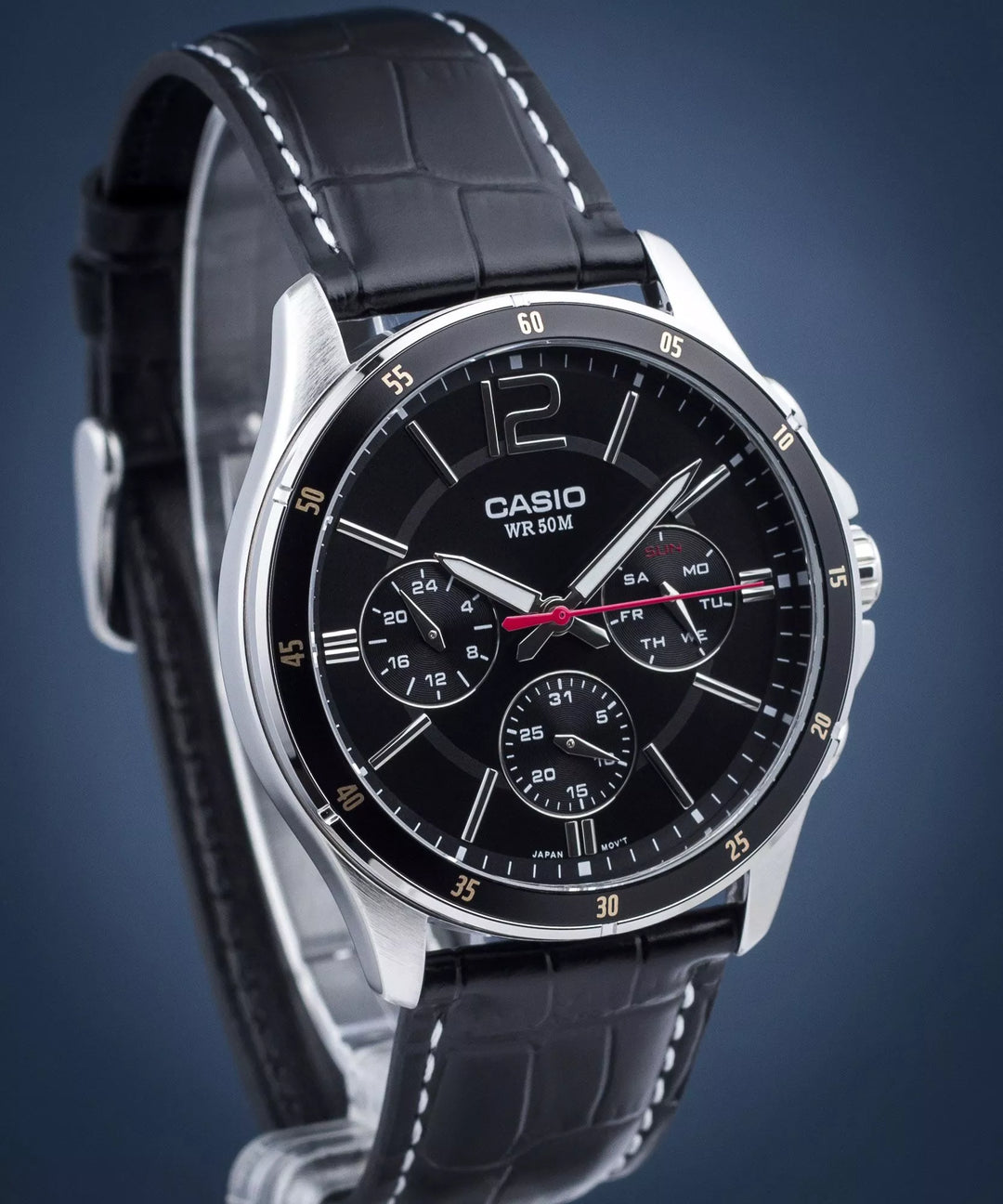 Reloj Casio Hombre MTP-1374PL-1A — Multifunción Analógico Cuero Negro con Detalles Dorados