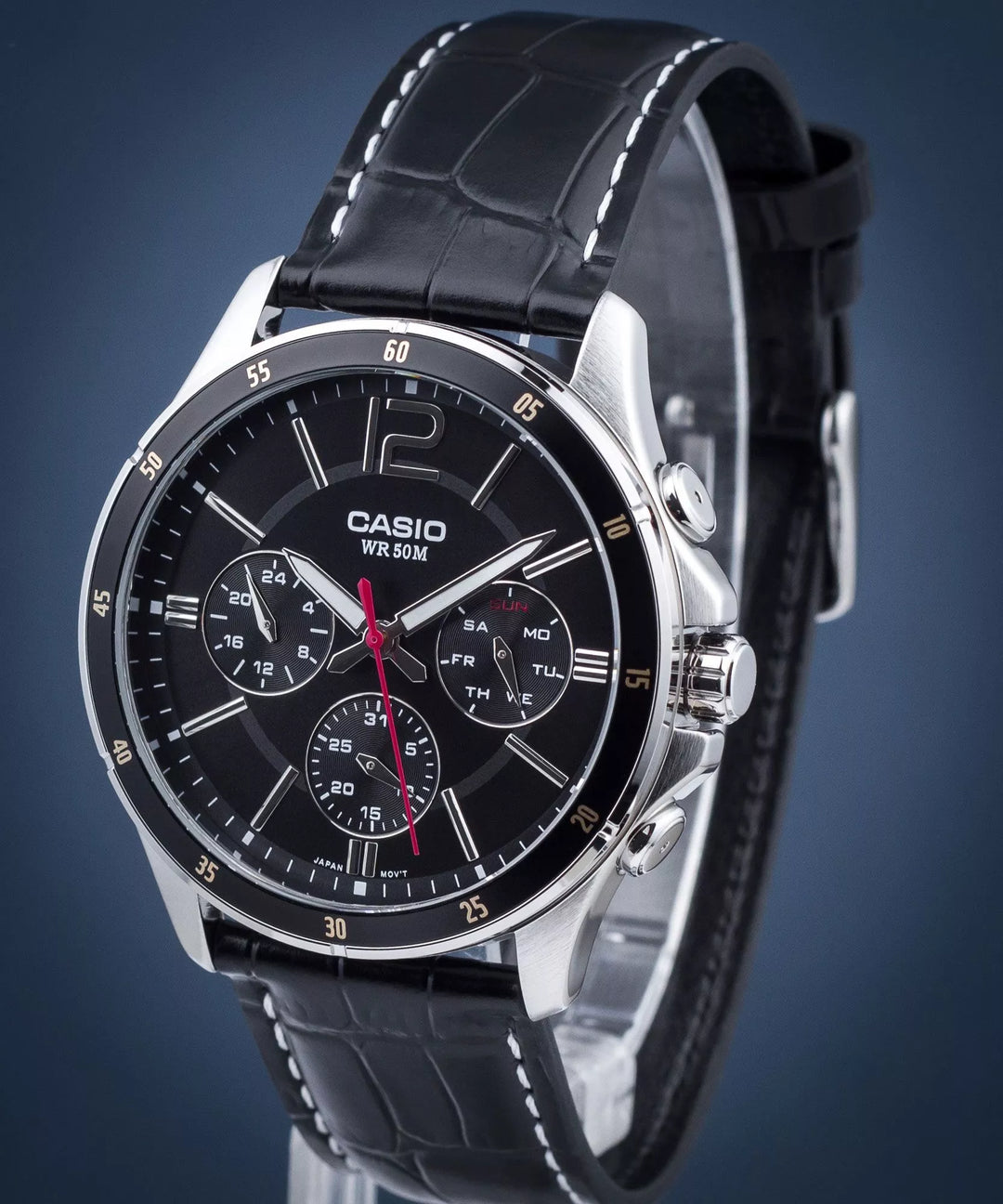 Reloj Casio Hombre MTP-1374PL-1A — Multifunción Analógico Cuero Negro con Detalles Dorados
