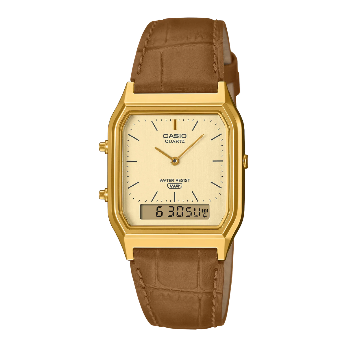 Reloj Casio AQ-230EGL-9A Original Cuero - Dual Display Analógico Digital Dorado