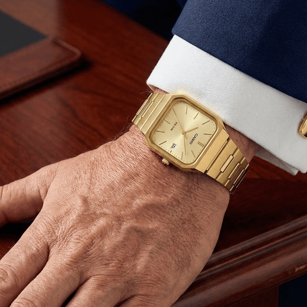 Reloj Casio Original MTP-B185G-9A Dorado - Diseño Vintage Cuadrado Premium - Casio en Perú | Jherr Jewelry