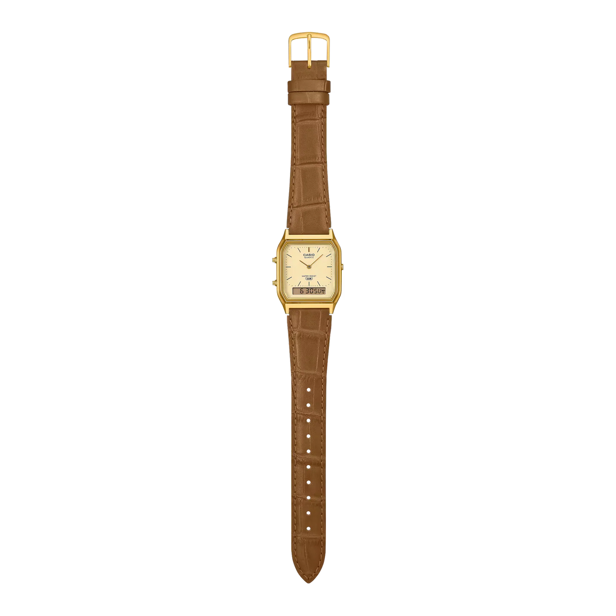 Reloj Casio AQ-230EGL-9A Original Cuero - Dual Display Analógico Digital Dorado
