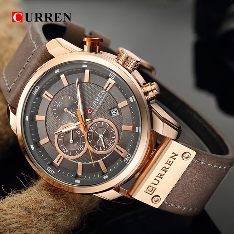 Reloj Curren Original 8291 Oro Rosa Cronógrafo con Correa Cuero Marrón - Diseño Deportivo 44mm - Curren en Perú | Jherr Jewelry