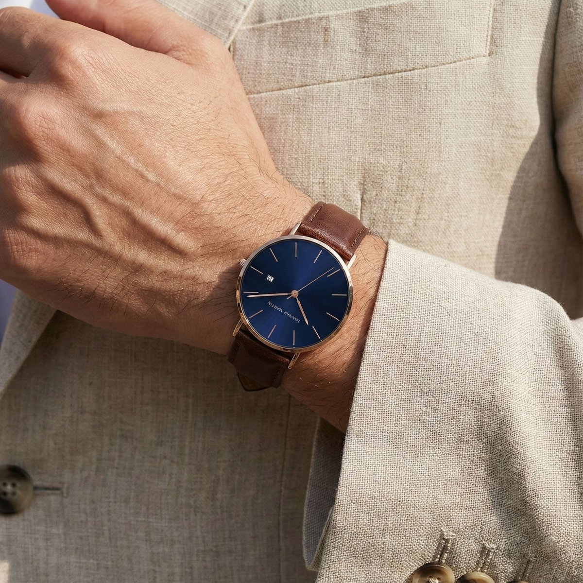 Reloj Hannah Martin Original Hombre Oro Rosa Esfera Azul y Fecha - Diseño Elegante Premium 40mm - Hannah Martin en Perú | Jherr Jewelry