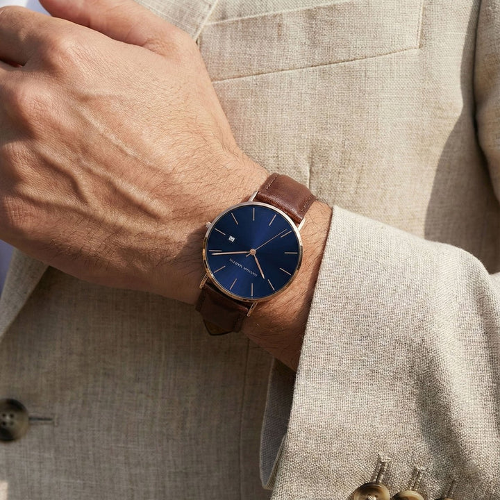 Reloj Hannah Martin Original Hombre Oro Rosa Esfera Azul y Fecha - Diseño Elegante Premium 40mm - Hannah Martin en Perú | Jherr Jewelry