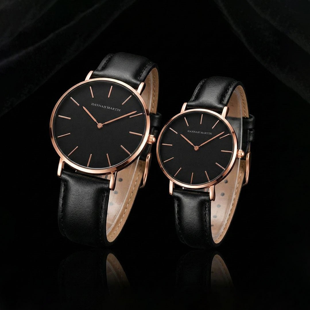 Relojes de Pareja Hannah Martin Rose Gold Esfera Negra con Cuero Negro - Set Sofisticado 40mm/36mm - Hannah Martin en Perú | Jherr Jewelry
