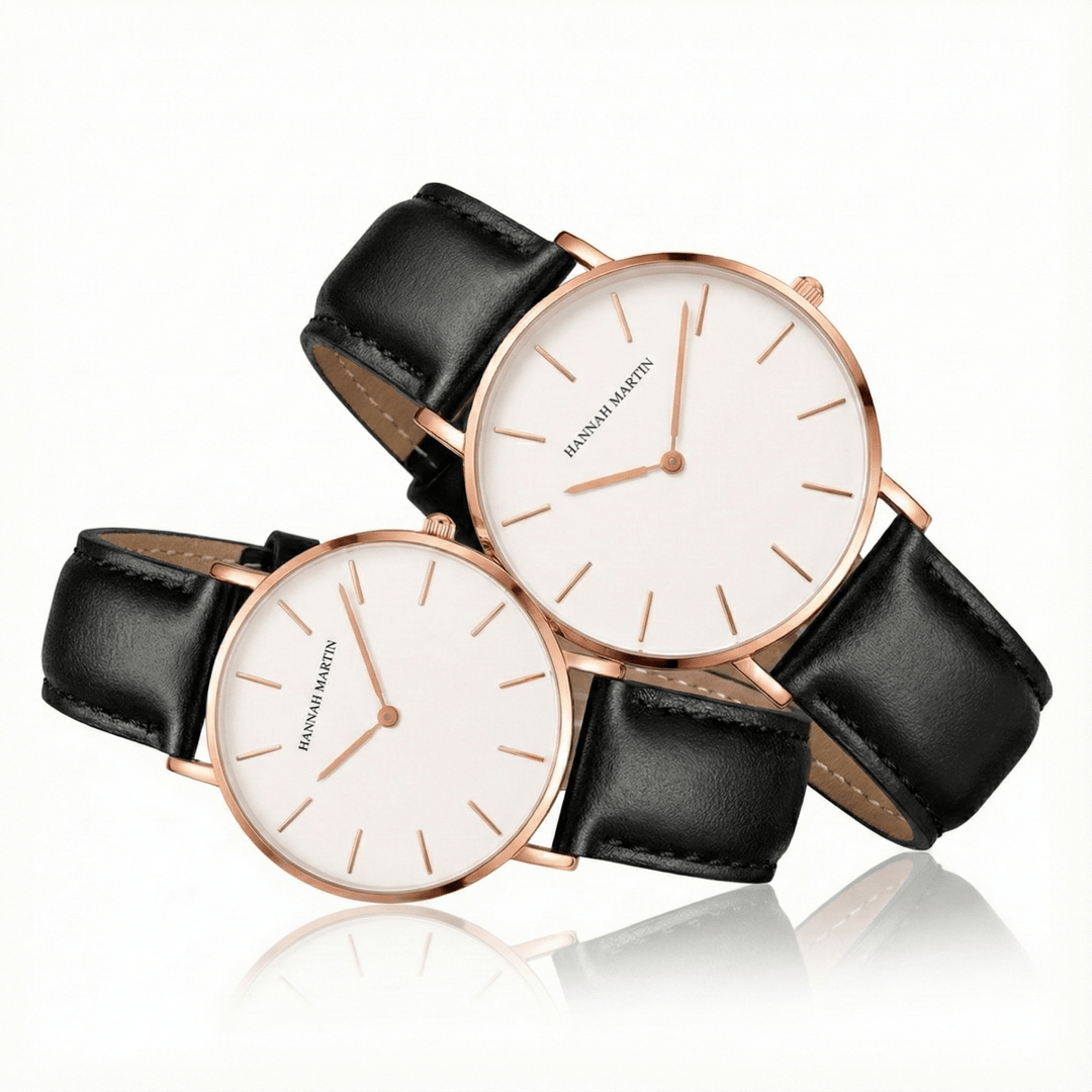 Relojes de Pareja Hannah Martin Plata Esfera Blanca con Cuero Azul - Set Coordinado 40mm/36mm - Hannah Martin en Perú | Jherr Jewelry
