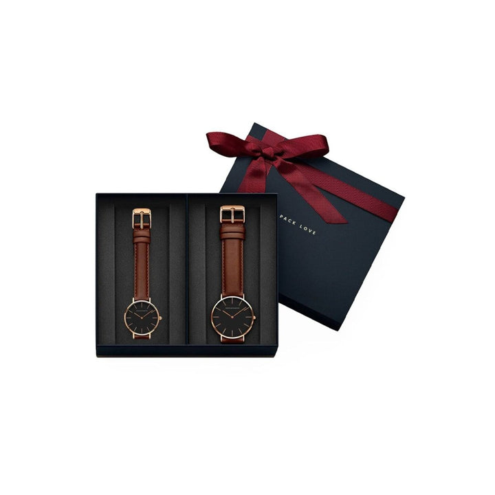 Relojes de Pareja Hannah Martin Rose Gold Esfera Negra con Cuero Marrón - Set Coordinado 40mm/36mm - Hannah Martin en Perú | Jherr Jewelry