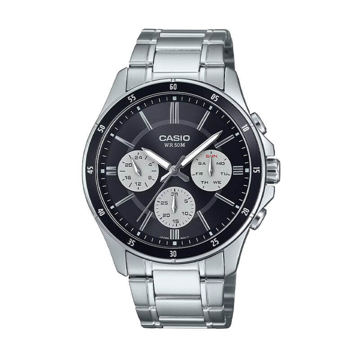 Reloj Casio MTP-1374D-1A3V Análogo Hombre Original en color acero inoxidable, vista frontal elegante.