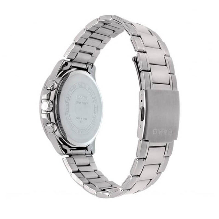 Reloj Casio MTP-1374D-1A3V Análogo Hombre Original vista trasera con correa de acero inoxidable.