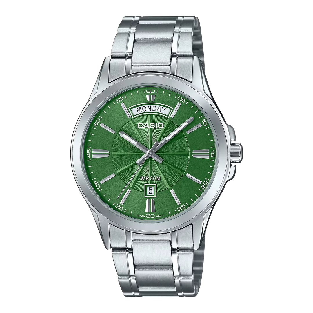 MTP-1381D-3AV Casio verde para hombre, vista frontal con correa de acero y calendario de día y fecha