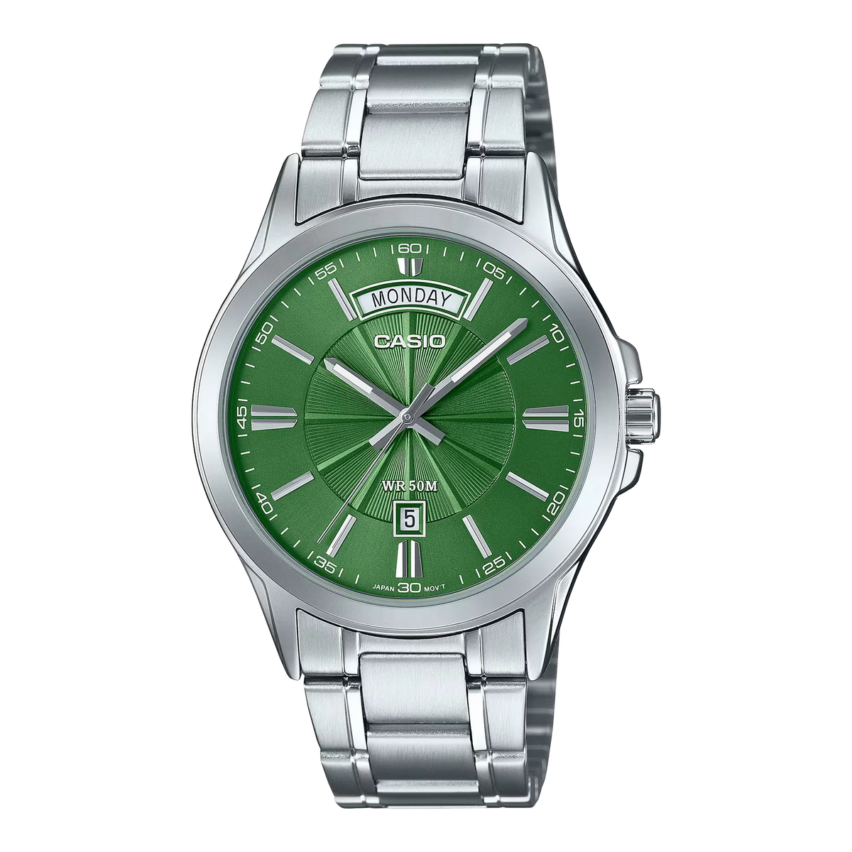 MTP-1381D-3AV Casio verde para hombre, vista frontal con correa de acero y calendario de día y fecha