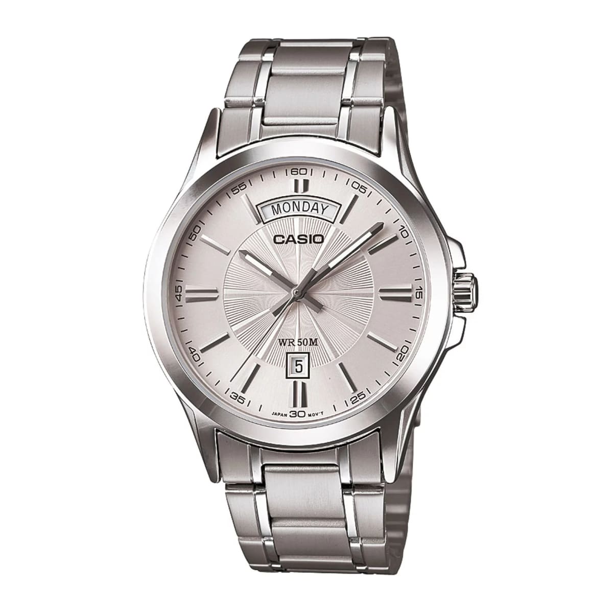 MTP-1381D-7AV Casio blanco para hombre, vista frontal con correa de acero plateado