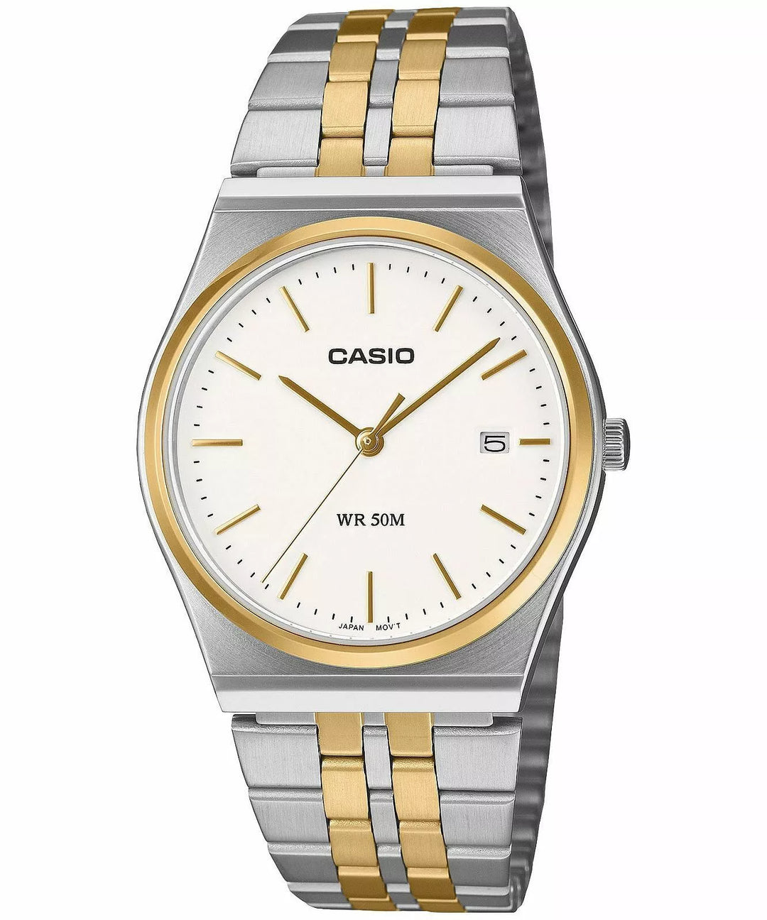 MTP-B145SG-7A Casio bicolor plateado y dorado con esfera blanca y ventana de fecha.