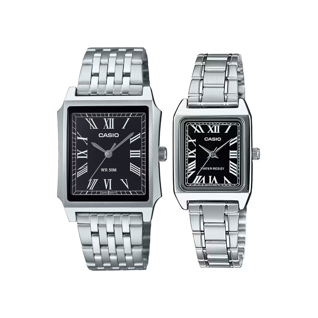 MTP-B190D-1BV y LTP-V007D-1B relojes Casio de pareja plateados con esfera negra