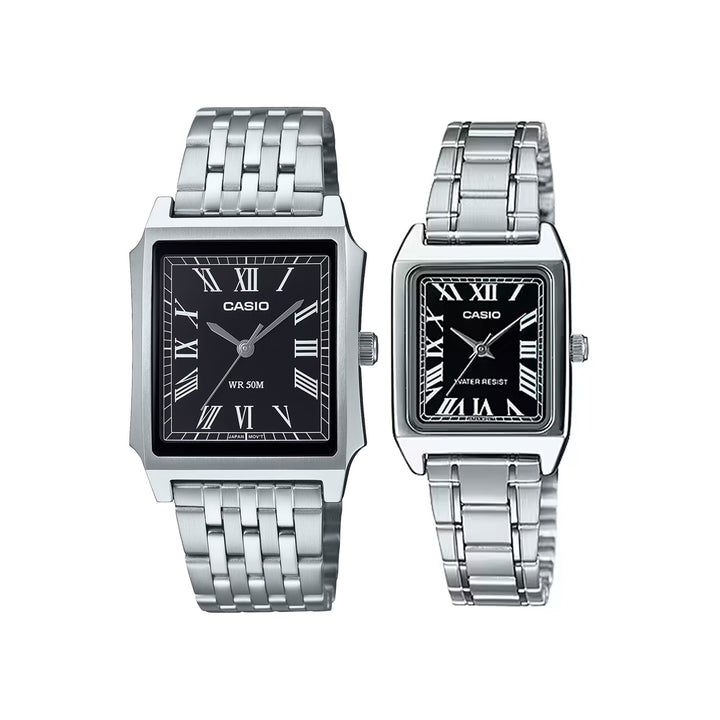 MTP-B190D-1BV y LTP-V007D-1B relojes Casio de pareja plateados con esfera negra