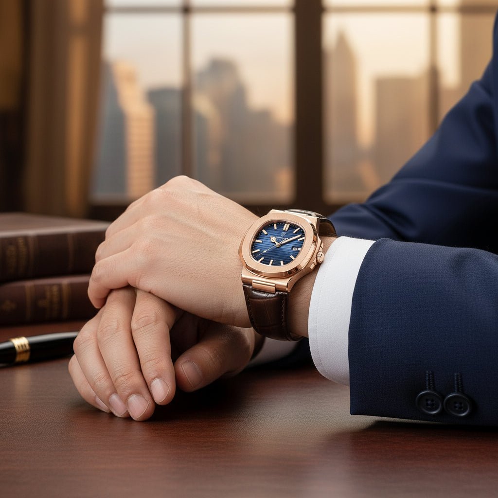 Reloj Poedagar Nautilus Rose Gold con Esfera Azul y Correa de Cuero Genuino Marrón 40mm - Poedagar en Perú | Jherr Jewelry