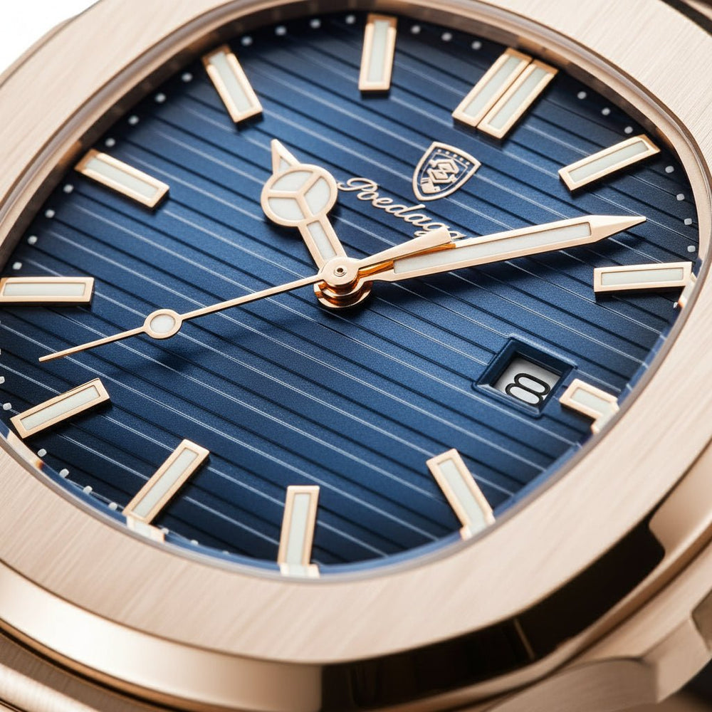 Reloj Poedagar Nautilus Rose Gold con Esfera Azul y Correa de Cuero Genuino Marrón 40mm - Poedagar en Perú | Jherr Jewelry