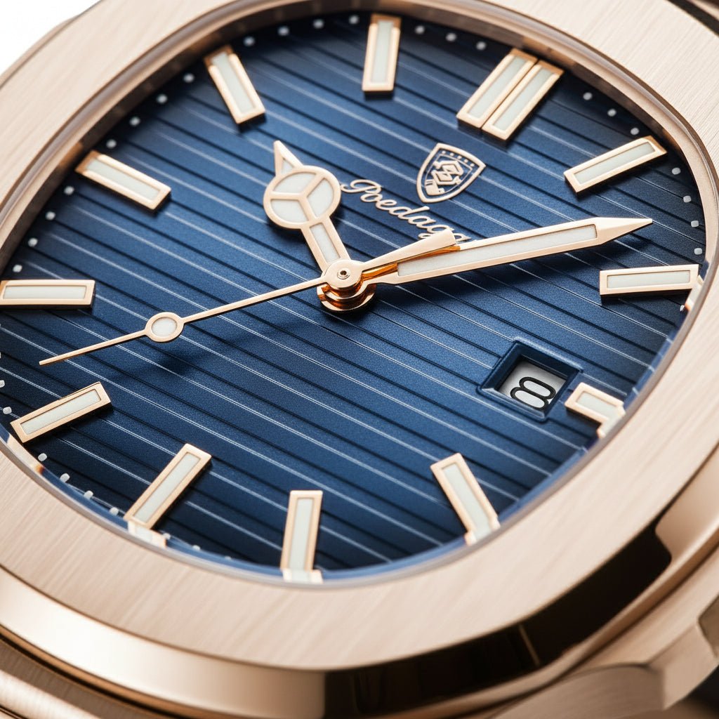 Reloj Poedagar Nautilus Rose Gold con Esfera Azul y Correa de Cuero Genuino Marrón 40mm - Poedagar en Perú | Jherr Jewelry