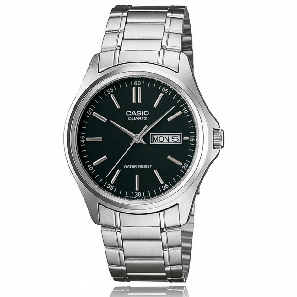 Reloj Casio MTP-1239D-1A original para hombre con esfera negra, correa de acero inoxidable plateada y fechador.