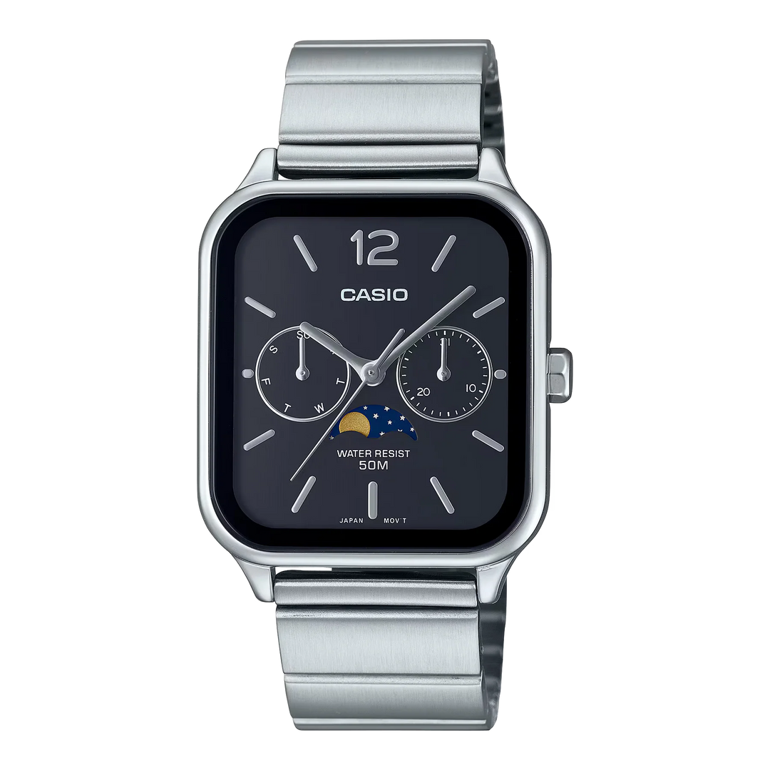 Reloj Casio MTP-M305D-7A fase lunar de acero para hombre con esfera negra y diseño elegante