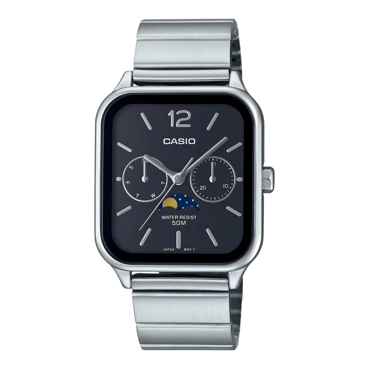 Reloj Casio MTP-M305D-7A fase lunar de acero para hombre con esfera negra y diseño elegante