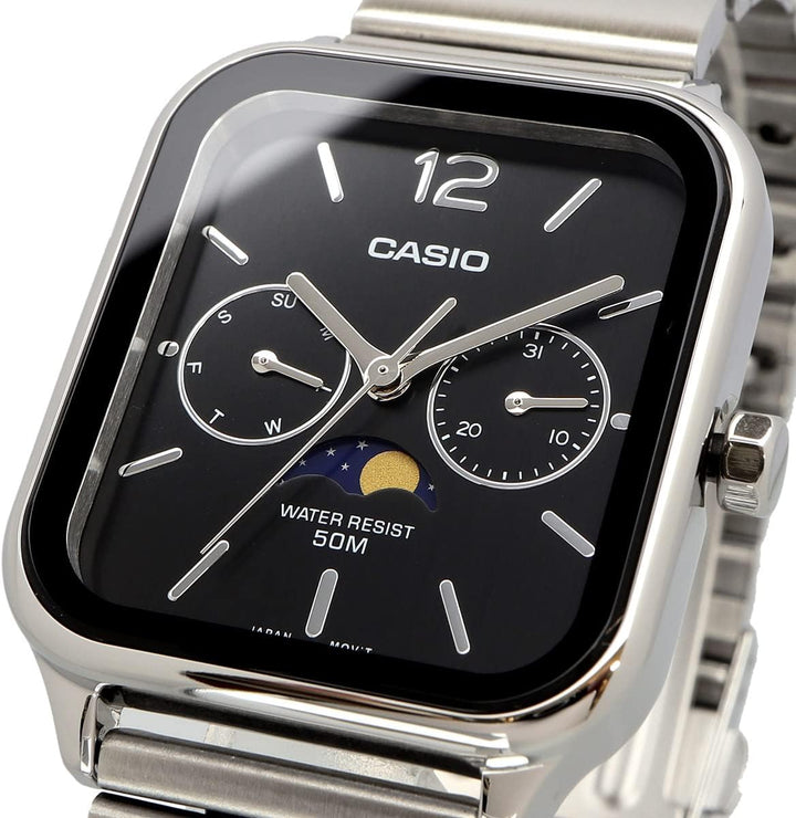 Detalle del reloj Casio MTP-M305D-7A2V fase lunar con dial negro, calendario y acabado plateado