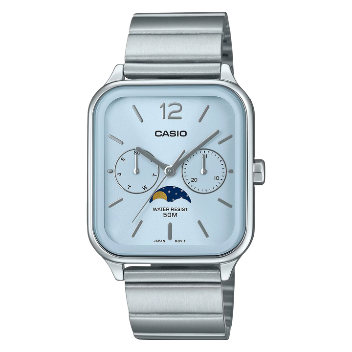 Detalle del dial del Casio MTP-M305D-7A2V con fase lunar, calendario y resistencia al agua 50M