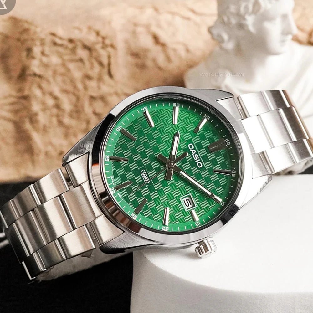 Reloj Casio Original MTP-VD03D-3A1 | Acero Hombre Plateado Verde - Casio en Perú