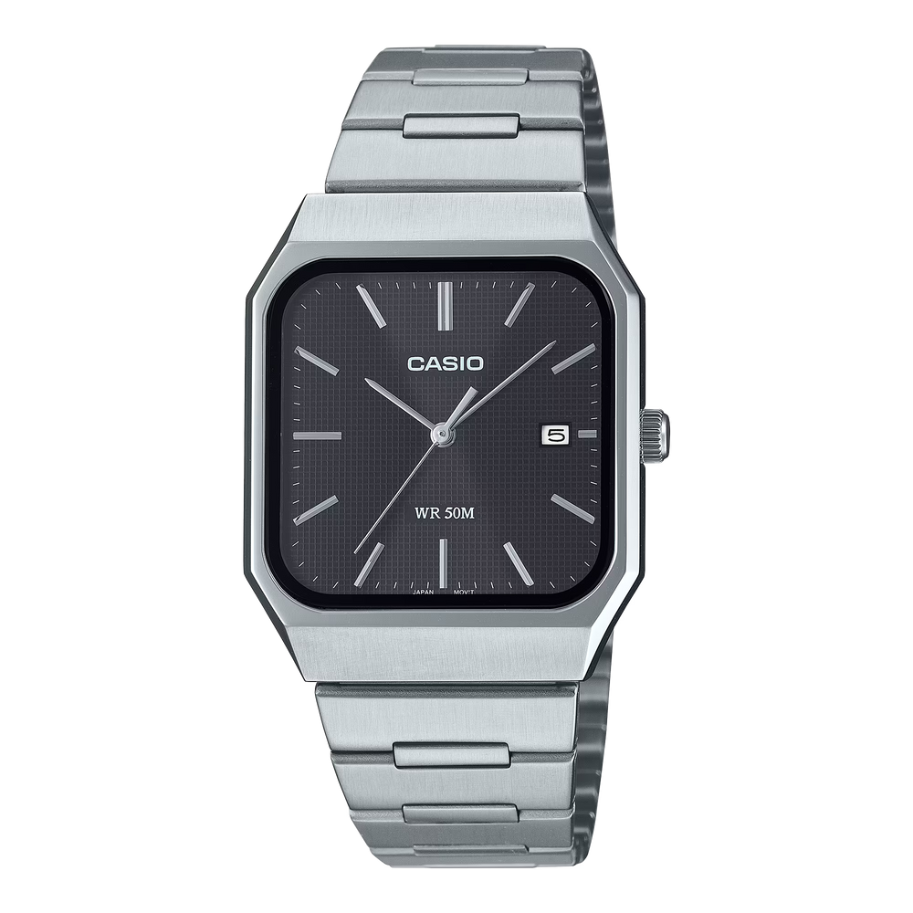 Reloj Casio rectangular plateado con esfera negra, calendario y brazalete de acero